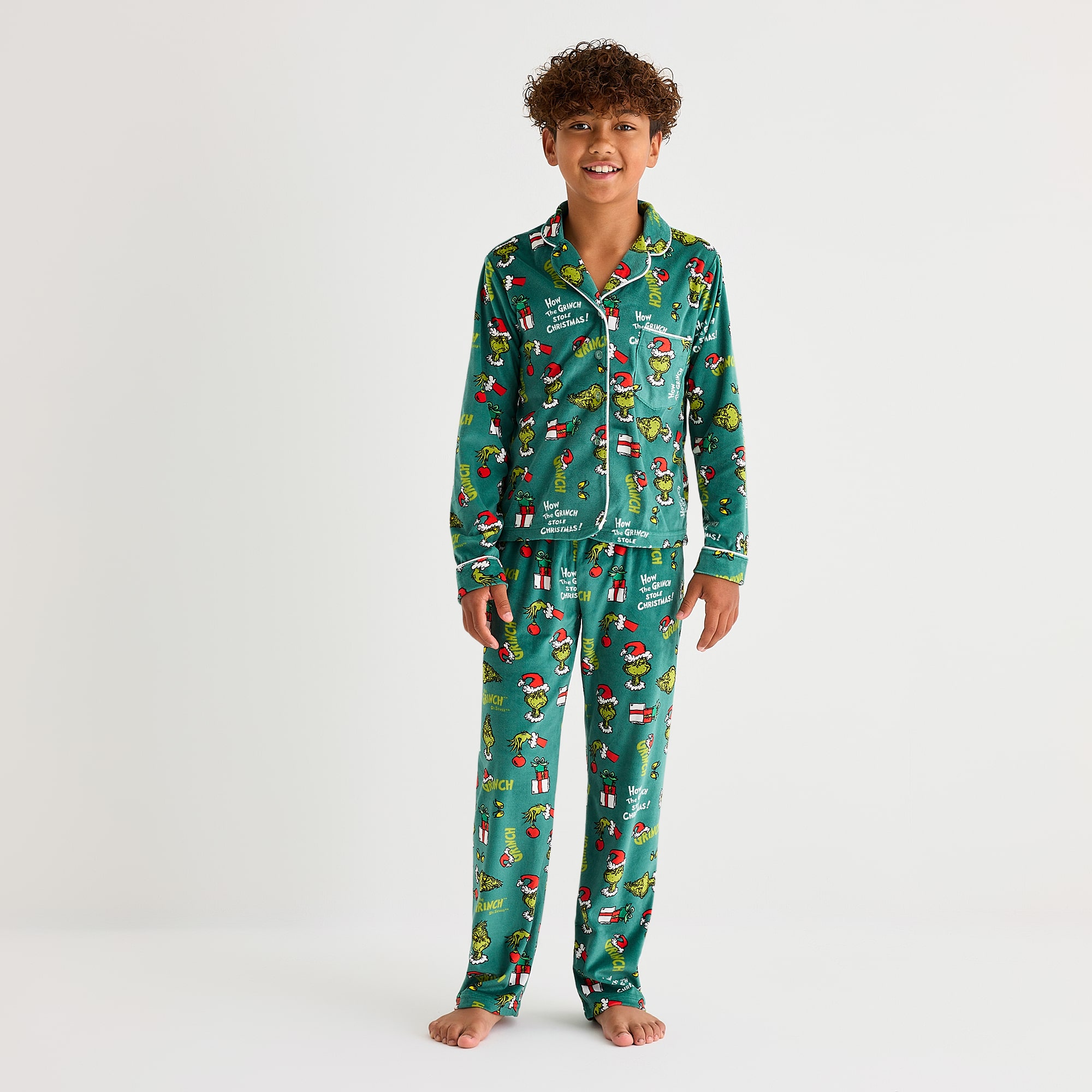 Little & Big Kid Unisex Dr. Seuss Grinch Velour V-Neck Long Sleeve 2-pc. Matching Family Pajama Set