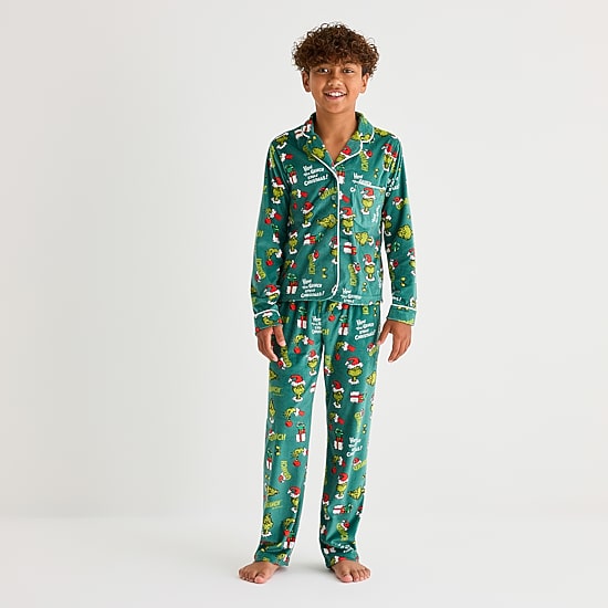 Little & Big Kid Unisex Dr. Seuss Grinch Velour V-Neck Long Sleeve 2-pc. Matching Family Pajama Set