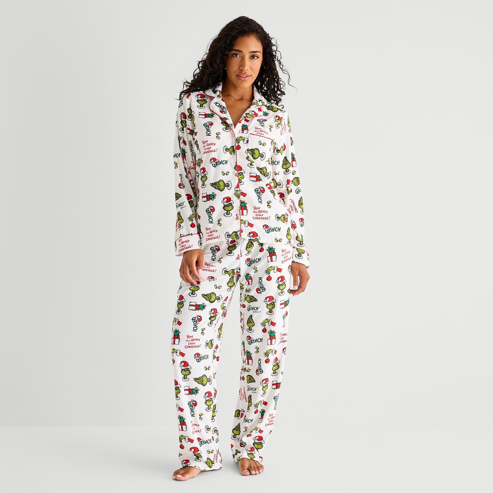 Womens Dr. Seuss Grinch Velour V-Neck Long Sleeve 2-pc. Matching Family Pajama Set