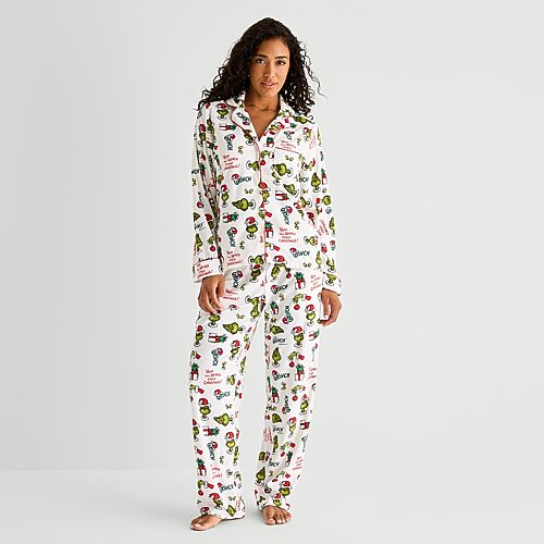 Dr. Seuss Womens  Grinch Velour V-neck Long Sleeve 2-pc. Matching Family Pajama Set In White