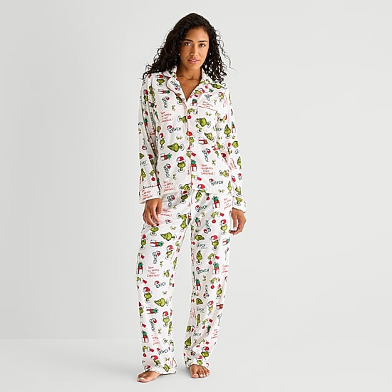 Womens Dr. Seuss Grinch Velour V-Neck Long Sleeve 2-pc. Matching Family Pajama Set