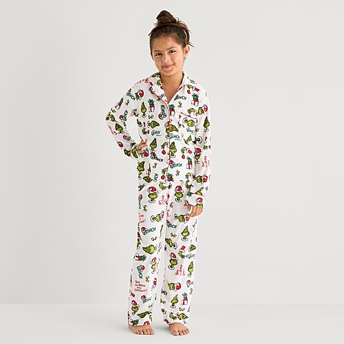 Dr. Seuss Little & Big Kid Unisex  Grinch Velour V-neck Long Sleeve 2-pc. Matching Family Pajama Set In White
