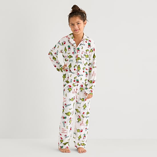 Little & Big Kid Unisex Dr. Seuss Grinch Velour V-Neck Long Sleeve 2-pc. Matching Family Pajama Set