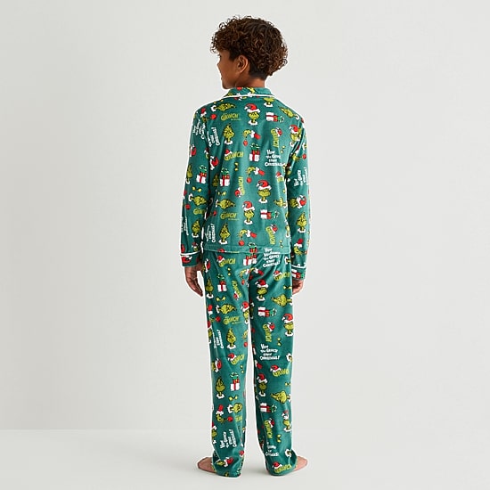 Little & Big Kid Unisex Dr. Seuss Grinch Velour V-Neck Long Sleeve 2-pc. Matching Family Pajama Set