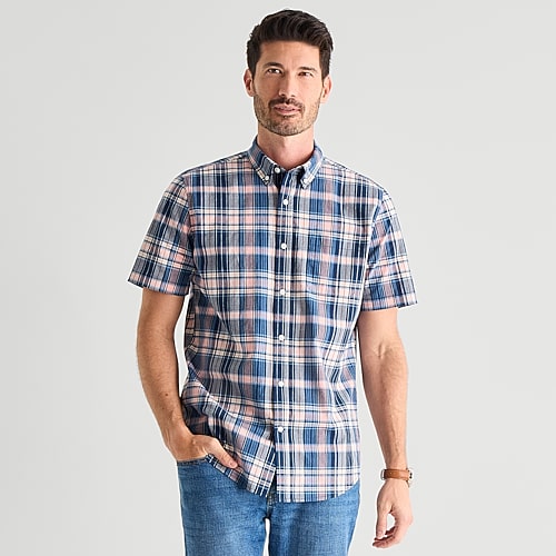 St. John's Bay Stretch Poplin Mens Short Sleeve Classic Fit Button-down Shirt In Blue