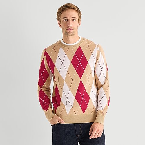 St. John's Bay Argyle Mens Crew Neck Long Sleeve Pullover Sweater In Brown