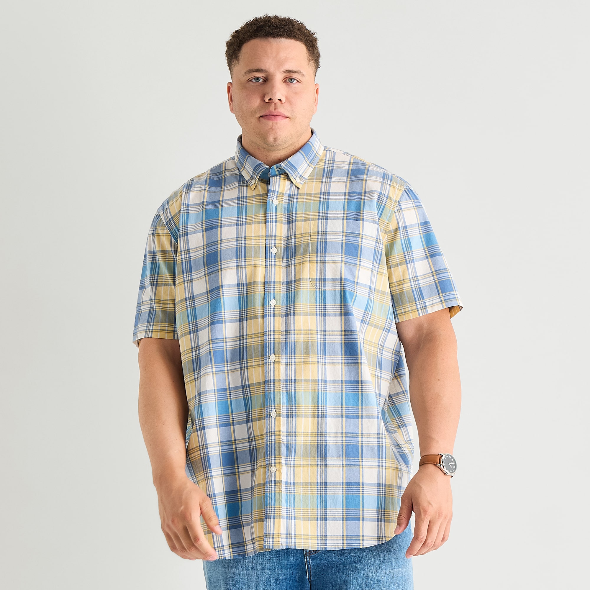 St. John's Bay Everyday Stretch Mens Short Sleeve Classic Fit Big and Tall Button-Down Shirt