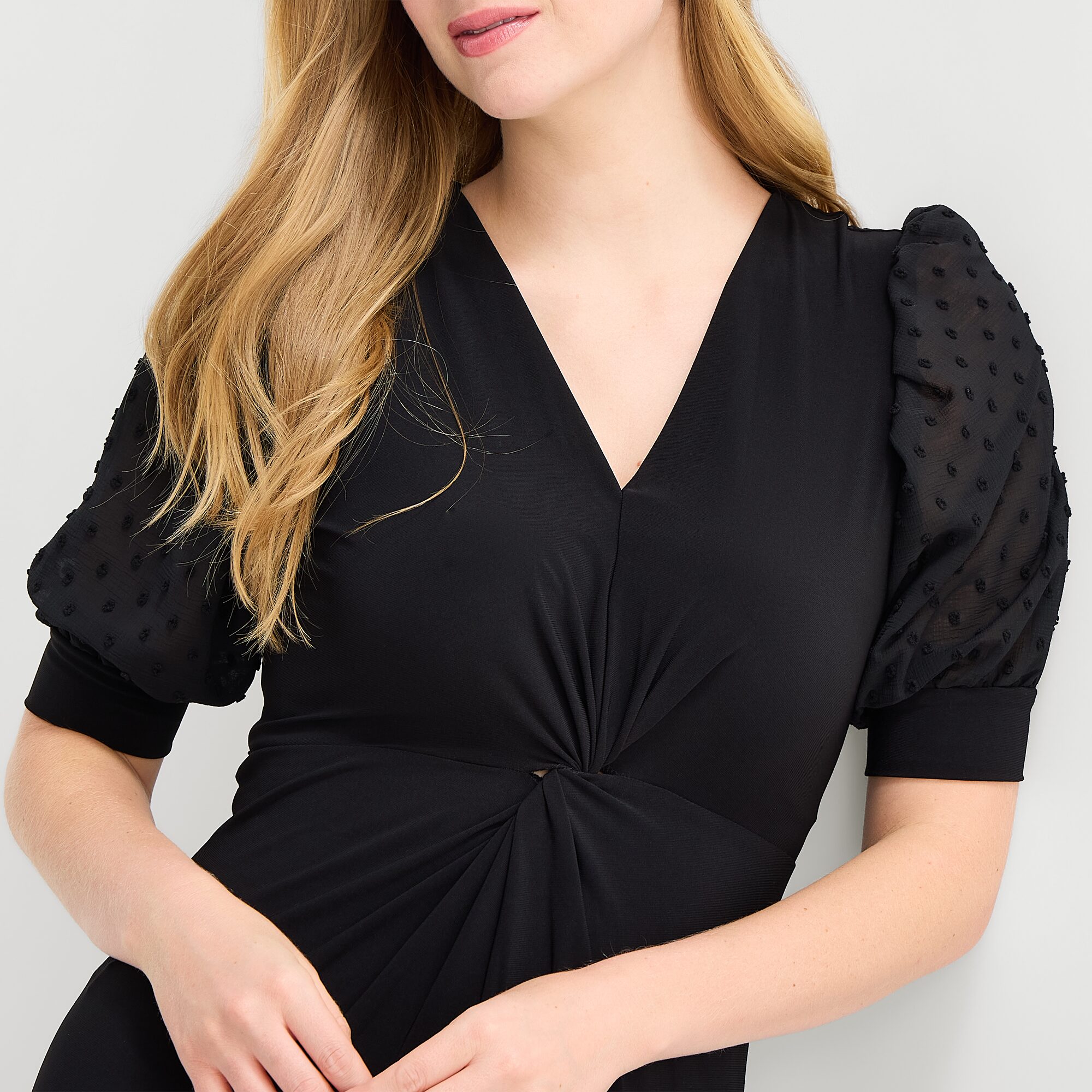 MSK Womens Midi V Neck Elbow Sleeve Puffed Fit + Flare Dress