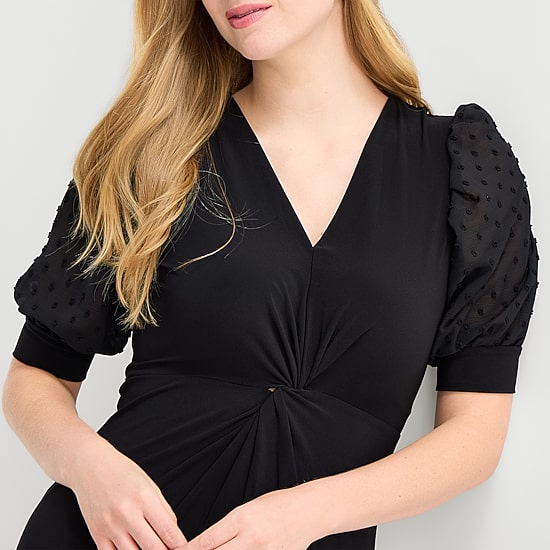 MSK Womens Midi V Neck Elbow Sleeve Puffed Fit + Flare Dress