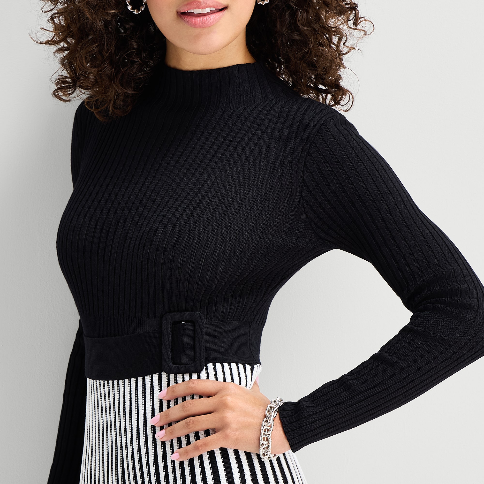Robbie Bee Womens Long Sleeve Striped Sweater Dress