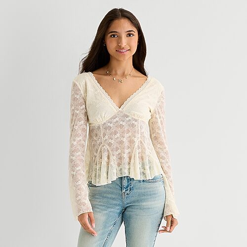 Arizona Womens Juniors V Neck Long Sleeve Lace Blouse In White
