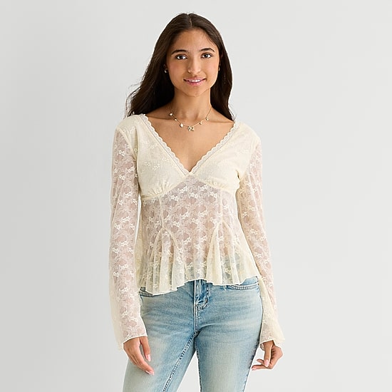 Arizona Womens Juniors V Neck Long Sleeve Lace Blouse