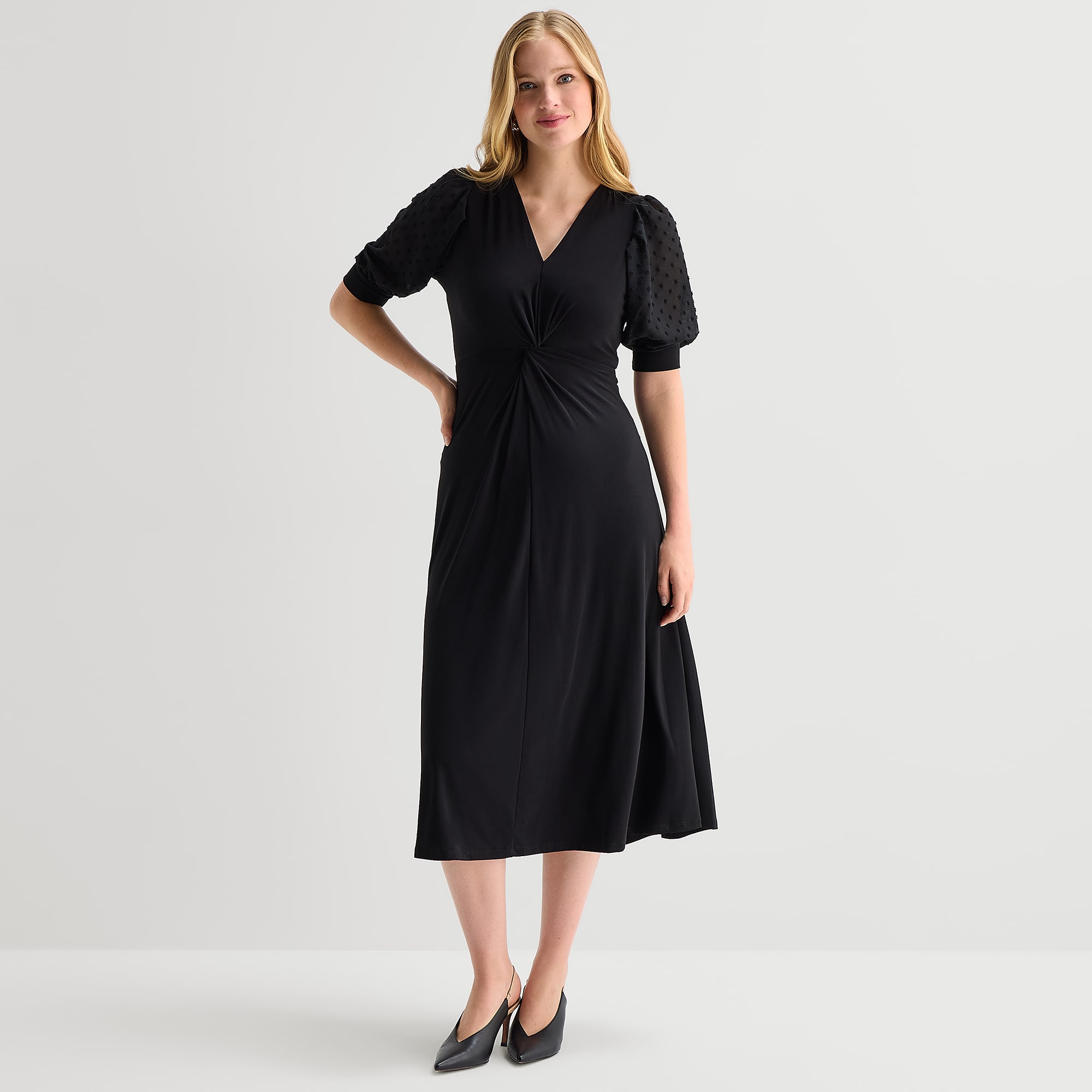 MSK Womens Midi V Neck Elbow Sleeve Puffed Fit + Flare Dress