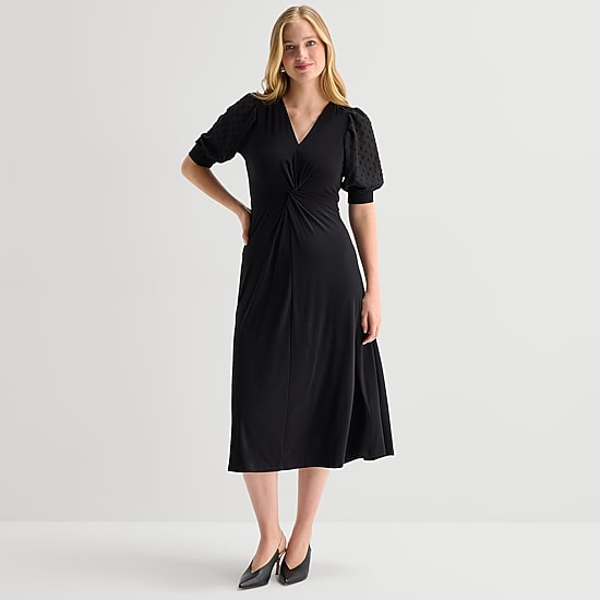 MSK Womens Midi V Neck Elbow Sleeve Puffed Fit + Flare Dress