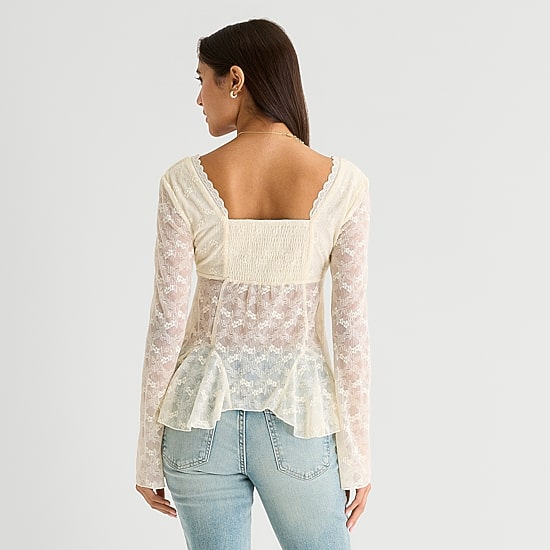 Arizona Womens Juniors V Neck Long Sleeve Lace Blouse
