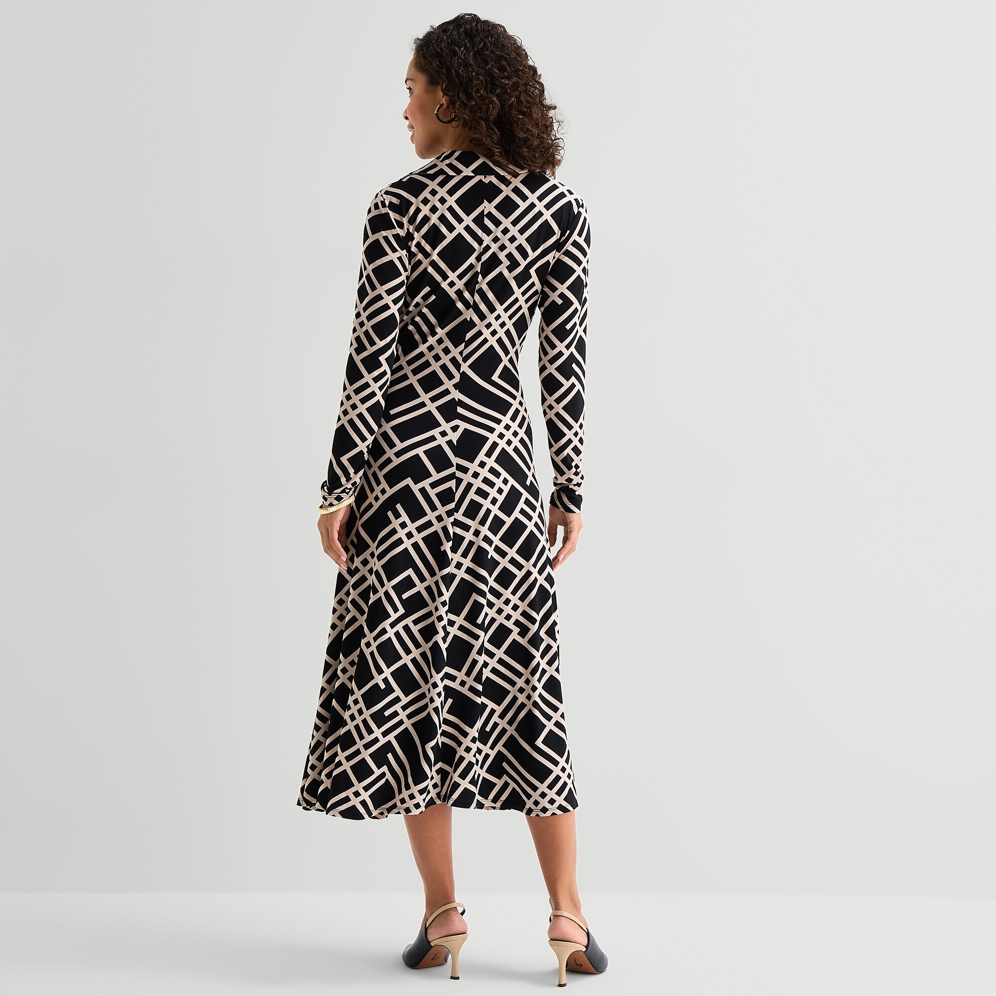Danny & Nicole Womens Midi Long Sleeve Fitted Geometric Fit + Flare Dress