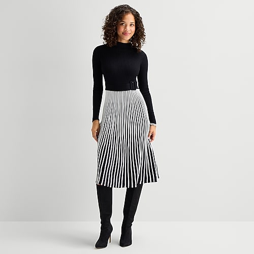 Robbie Bee Womens Long Sleeve Striped Sweater Dress In Black