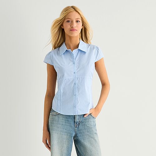 Arizona Womens Juniors Short Sleeve Blouse In Blue