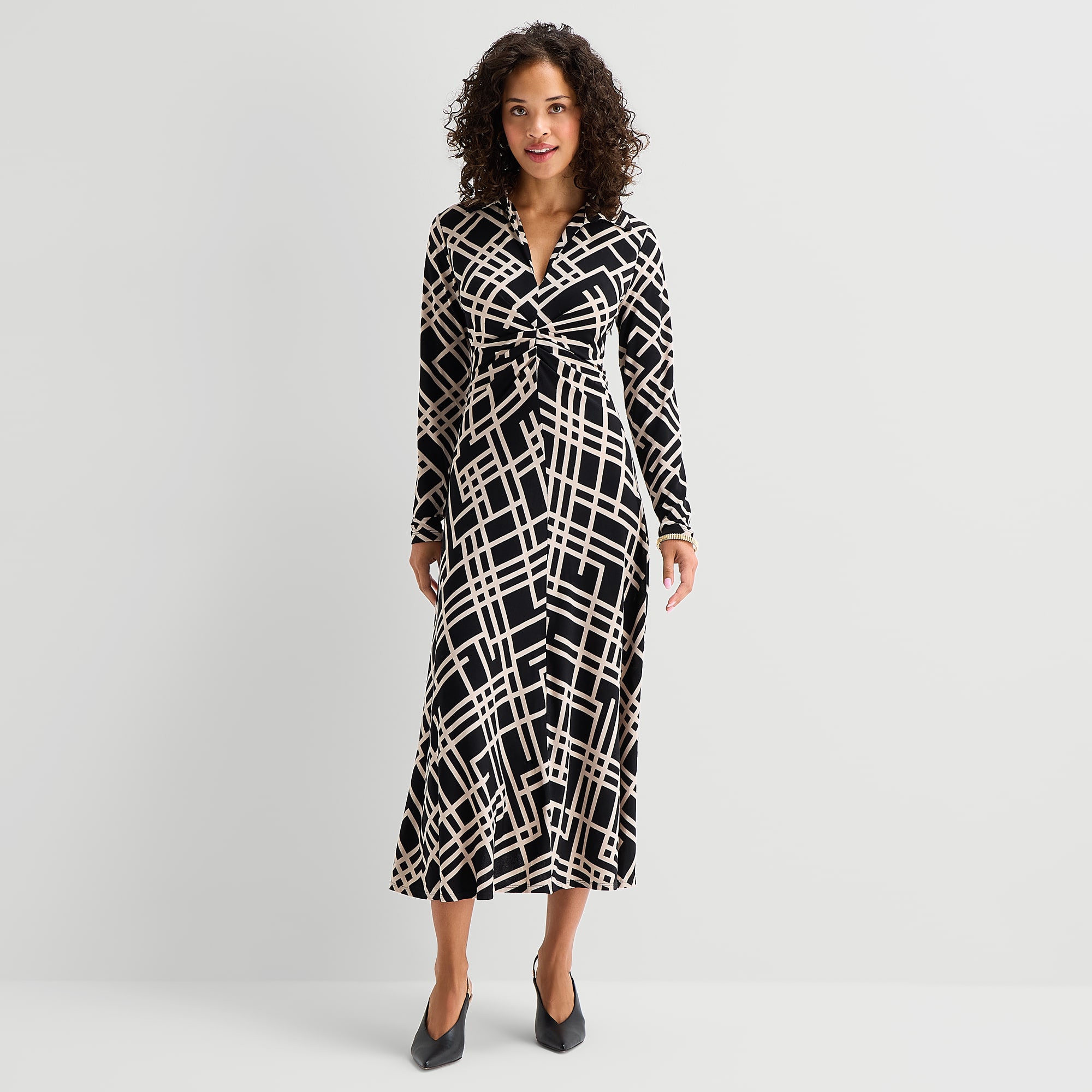 Danny & Nicole Womens Midi Long Sleeve Fitted Geometric Fit + Flare Dress