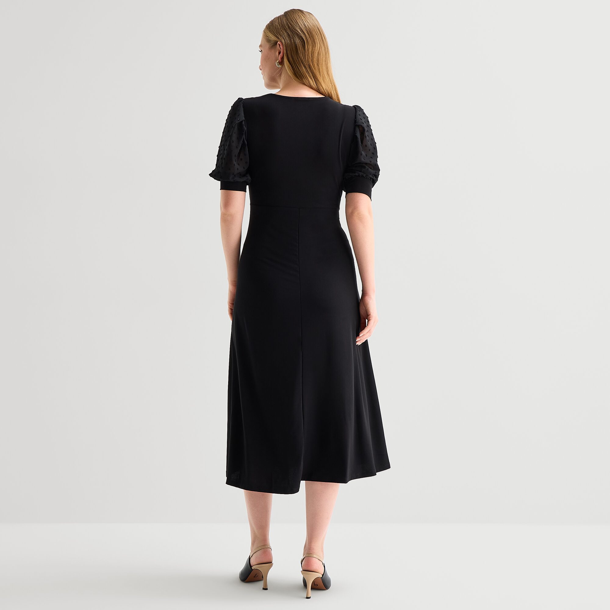MSK Womens Midi V Neck Elbow Sleeve Puffed Fit + Flare Dress