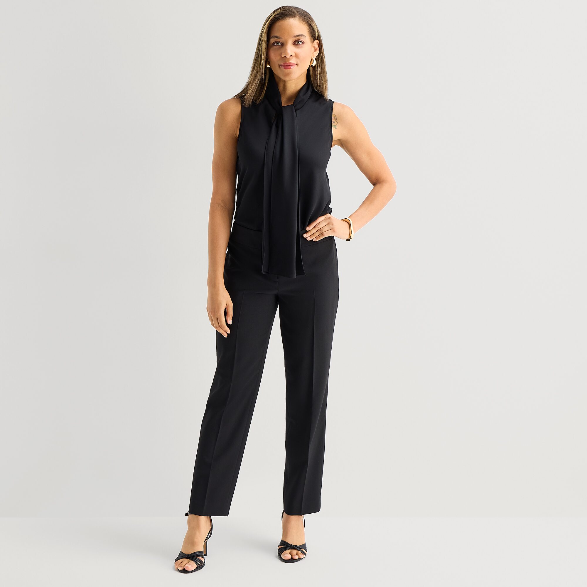 Black Label by Evan-Picone Womens Split Tie Neck Sleeveless Blouse