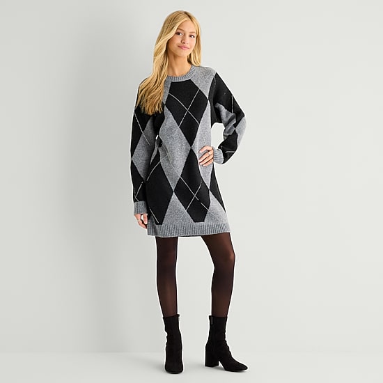 by&by Womens Juniors Long Sleeve Argyle Sweater Dress