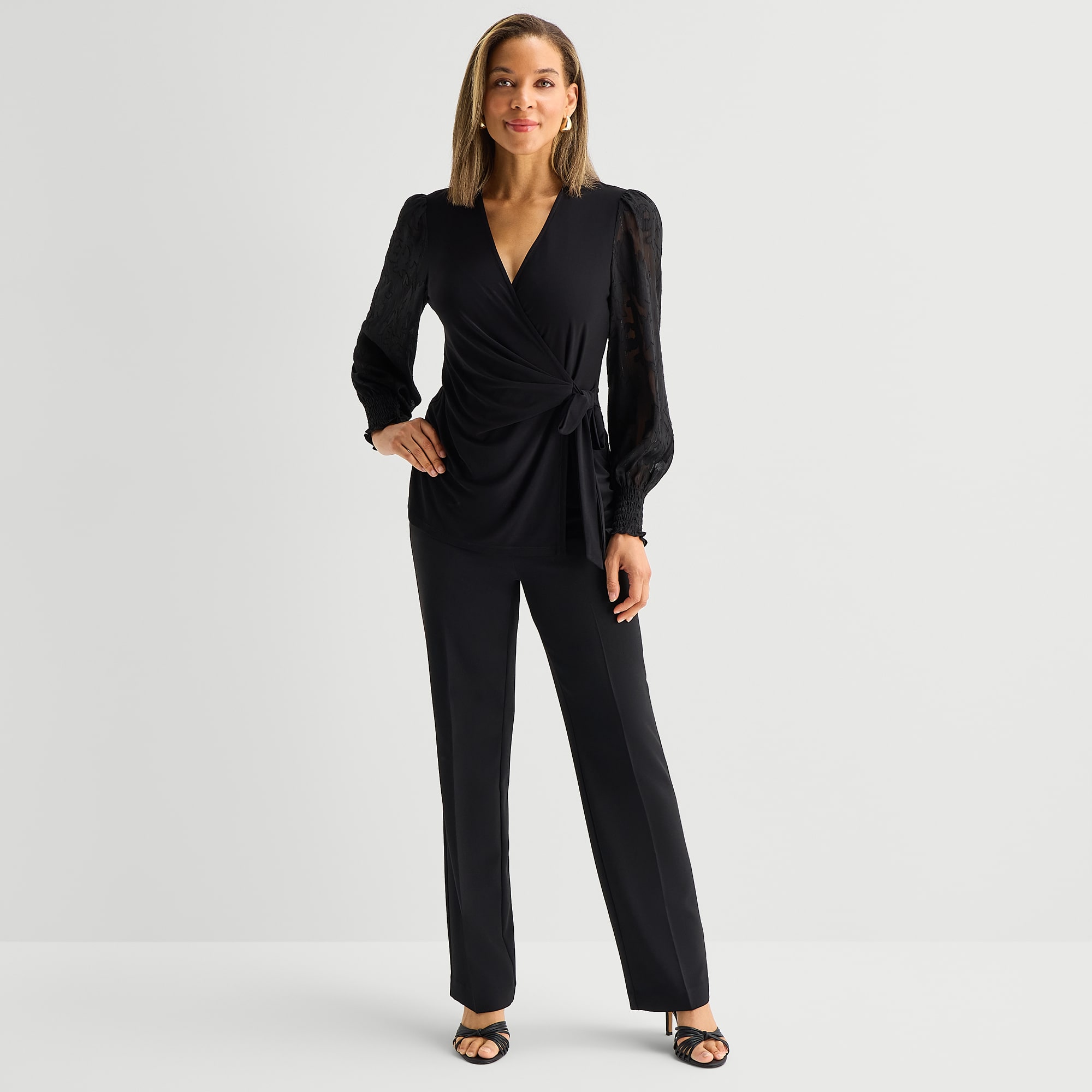 Black Label by Evan-Picone Womens V Neck Long Sleeve Blouse