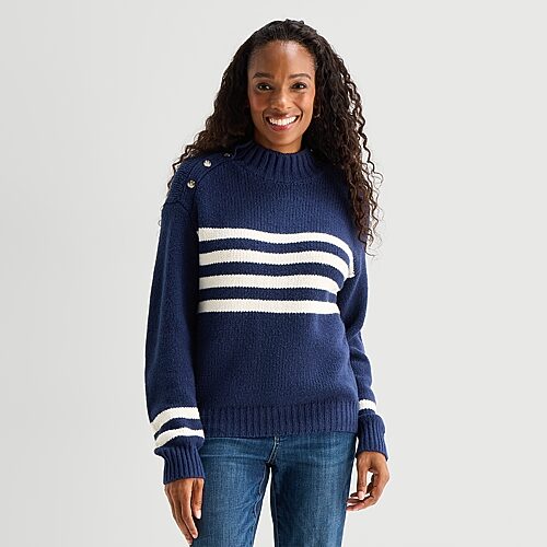 St. John's Bay Womens Mock Neck Long Sleeve Striped Pullover Sweater In Blue