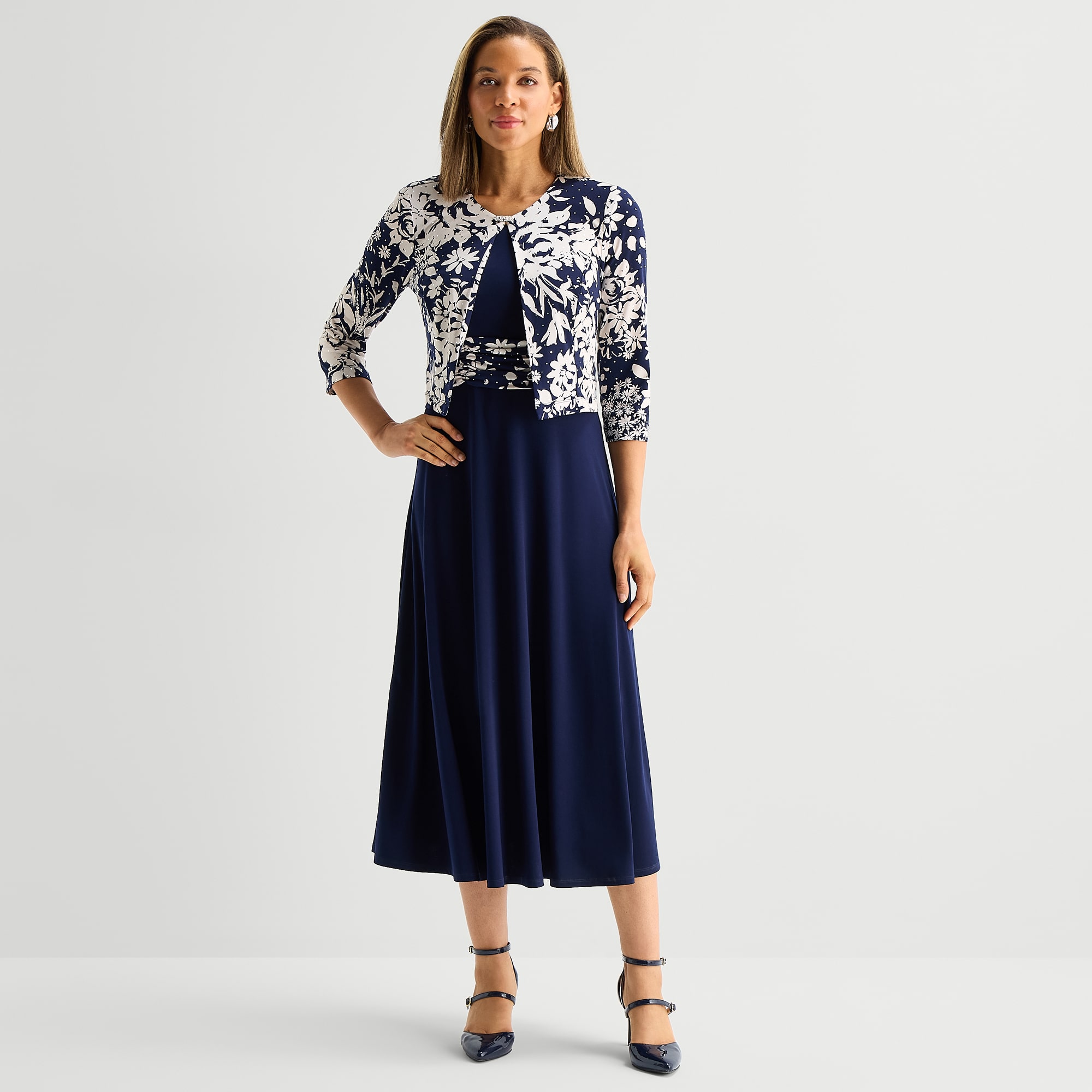 Jessica Howard Womens Midi Floral Jacket Dress