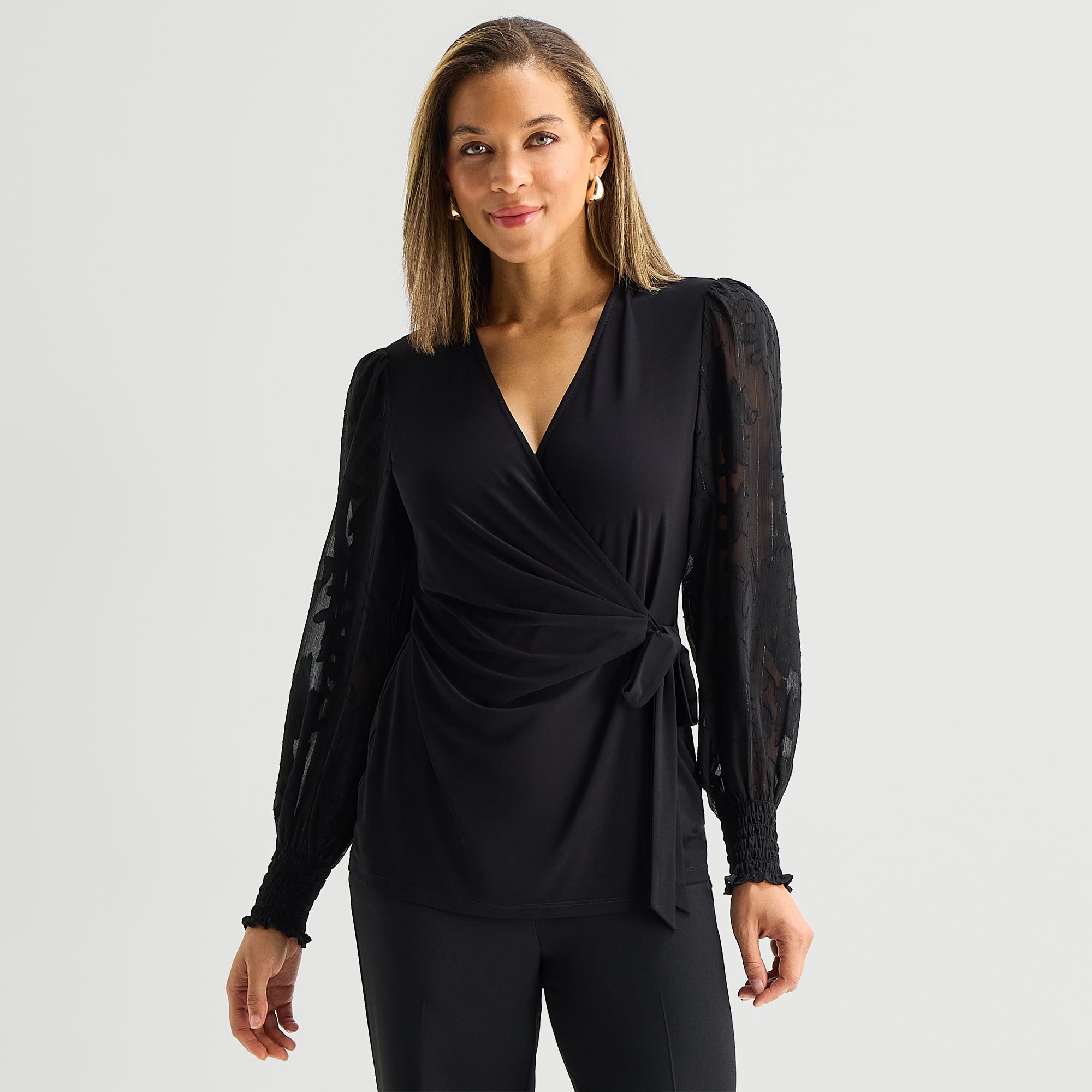 Black Label by Evan-Picone Womens V Neck Long Sleeve Blouse