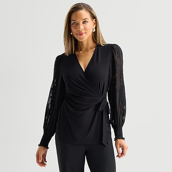 Black Label by Evan-Picone Womens V Neck Long Sleeve Blouse