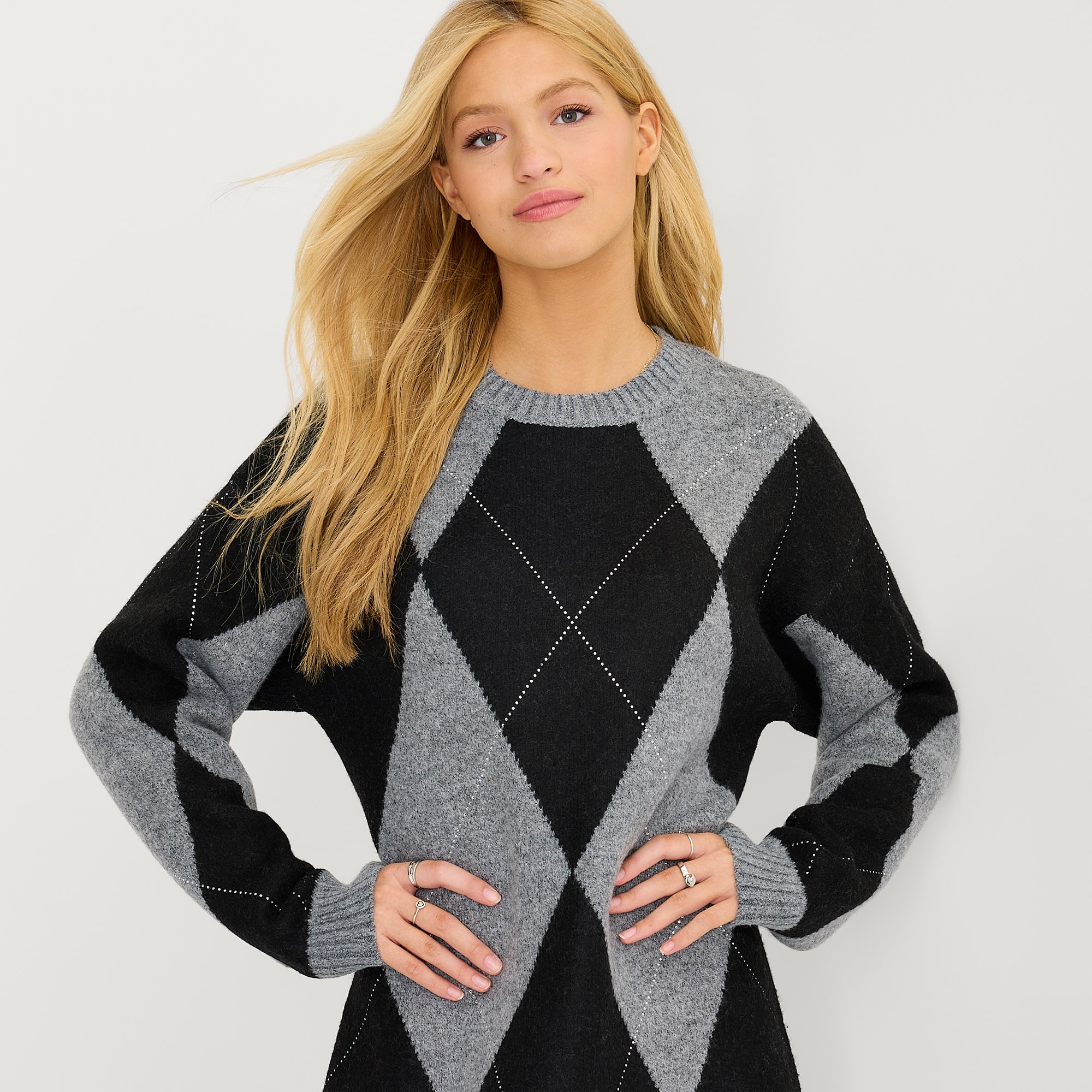 Byer California Womens Juniors Long Sleeve Argyle Sweater Dress