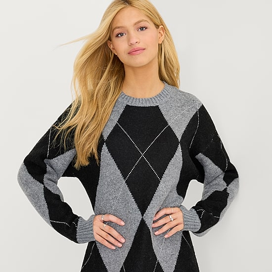 by&by Womens Juniors Long Sleeve Argyle Sweater Dress