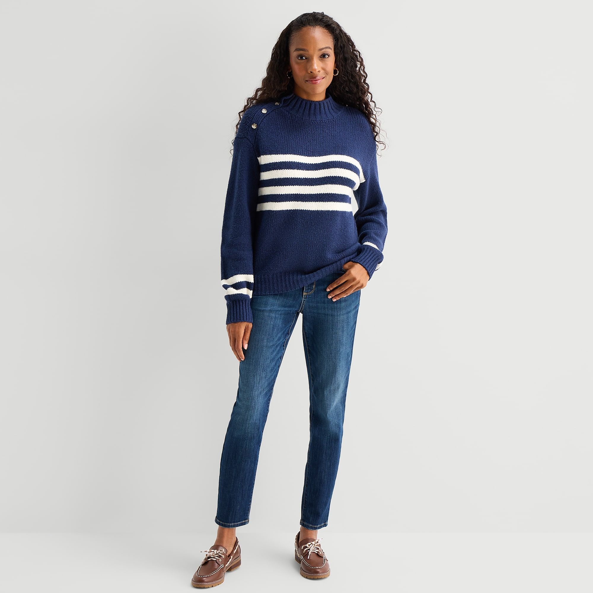 St. John's Bay Womens Mock Neck Long Sleeve Striped Pullover Sweater