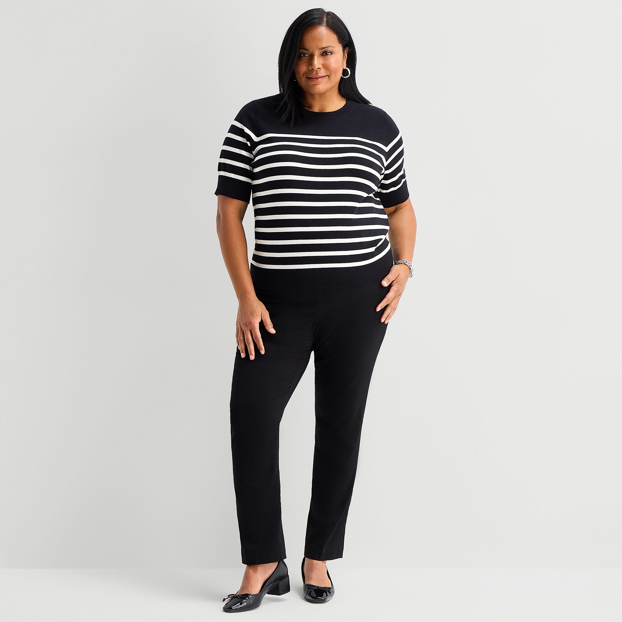Liz Claiborne Plus Womens Crew Neck Short Sleeve Striped Pullover Sweater