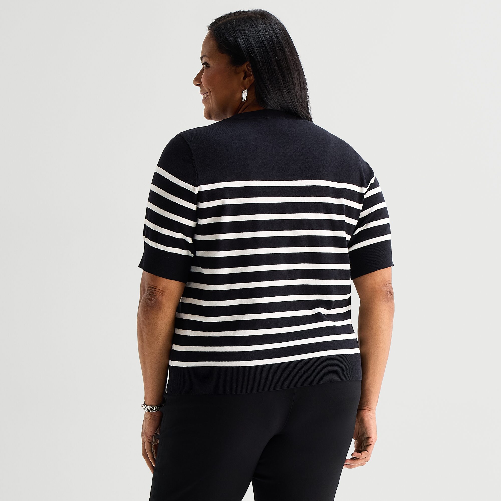 Liz Claiborne Plus Womens Crew Neck Short Sleeve Striped Pullover Sweater