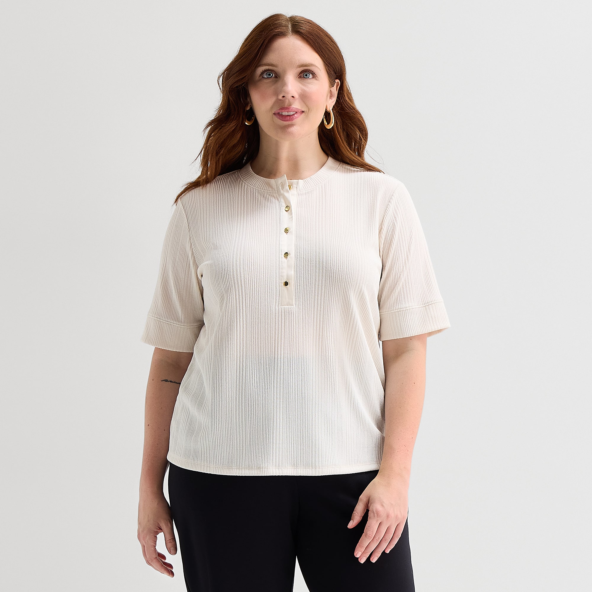 Liz Claiborne Womens Plus Elbow Sleeve Regular Fit Henley Shirt