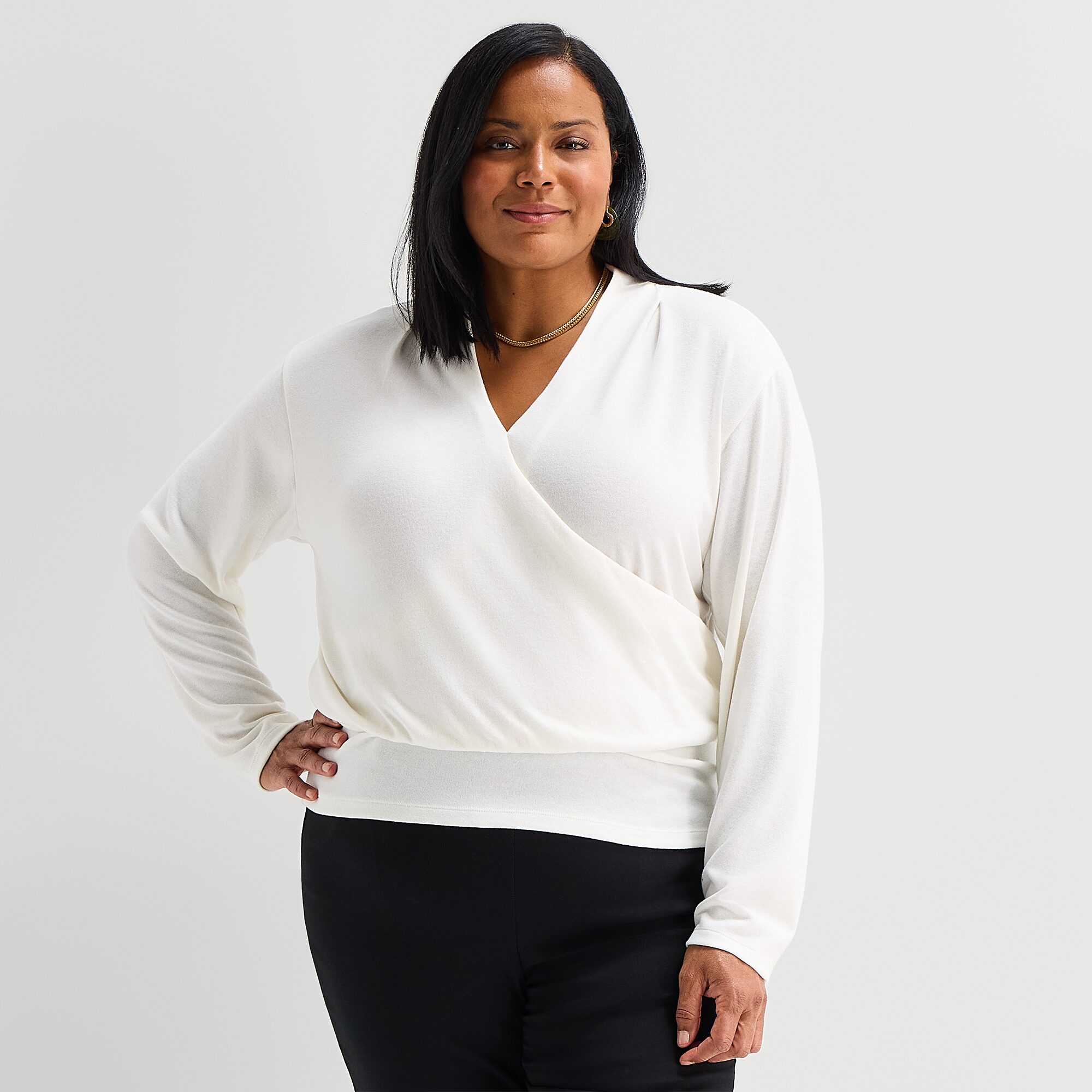Liz Claiborne Womens Plus V Neck Long Sleeve Wrap Shirt