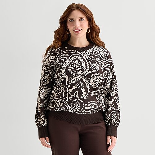 Liz Claiborne Plus Womens Crew Neck Long Sleeve Paisley Pullover Sweater In Brown