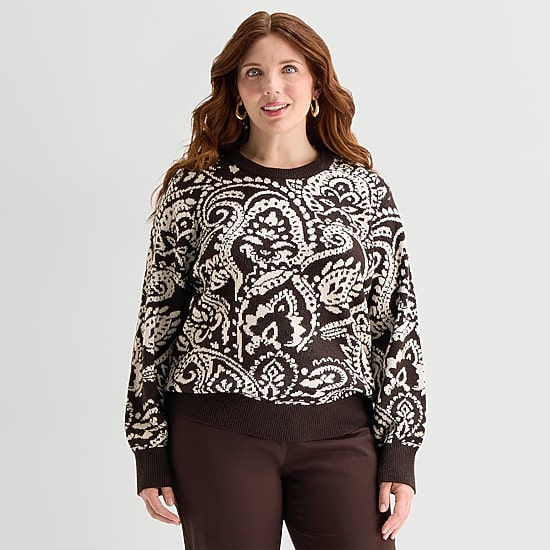 Liz Claiborne Plus Womens Crew Neck Long Sleeve Paisley Pullover Sweater