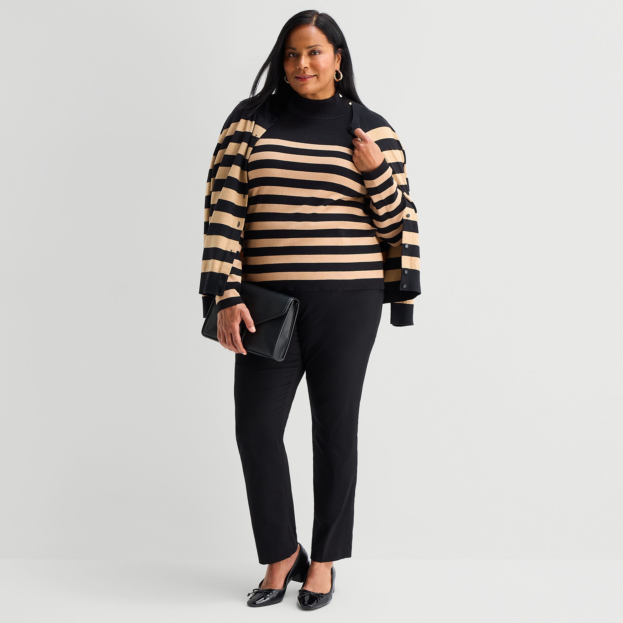 Liz Claiborne Plus Womens Mock Neck Long Sleeve Striped Pullover Sweater