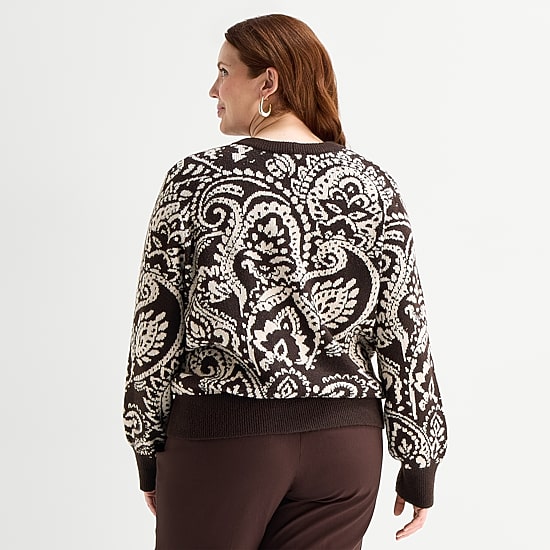 Liz Claiborne Plus Womens Crew Neck Long Sleeve Paisley Pullover Sweater