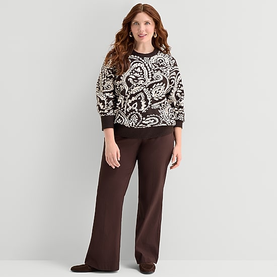 Liz Claiborne Plus Womens Crew Neck Long Sleeve Paisley Pullover Sweater