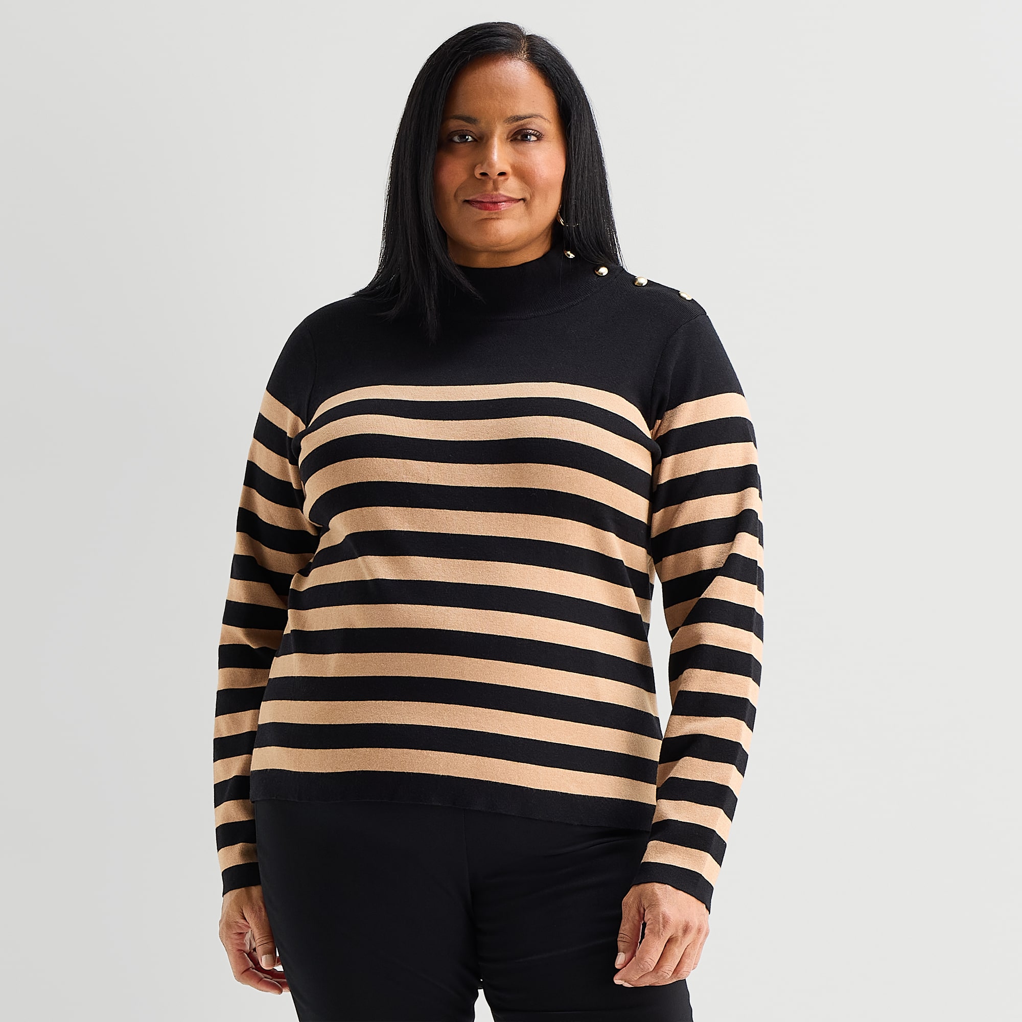 Liz Claiborne Plus Womens Mock Neck Long Sleeve Striped Pullover Sweater