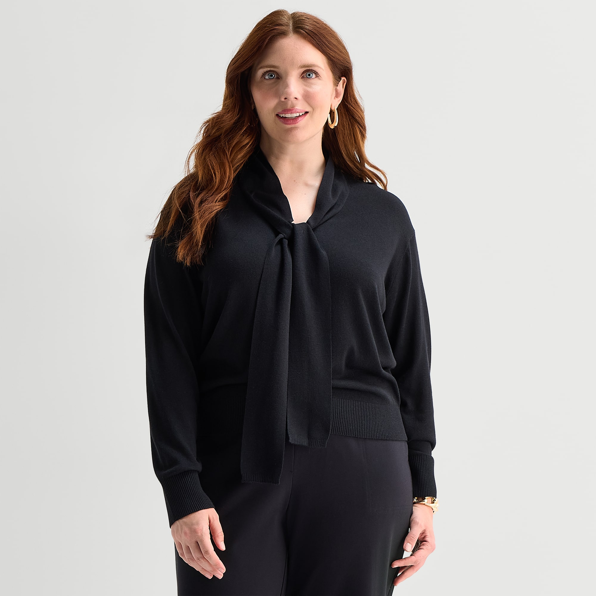 Liz Claiborne Plus Womens Split Tie Neck Long Sleeve Pullover Sweater