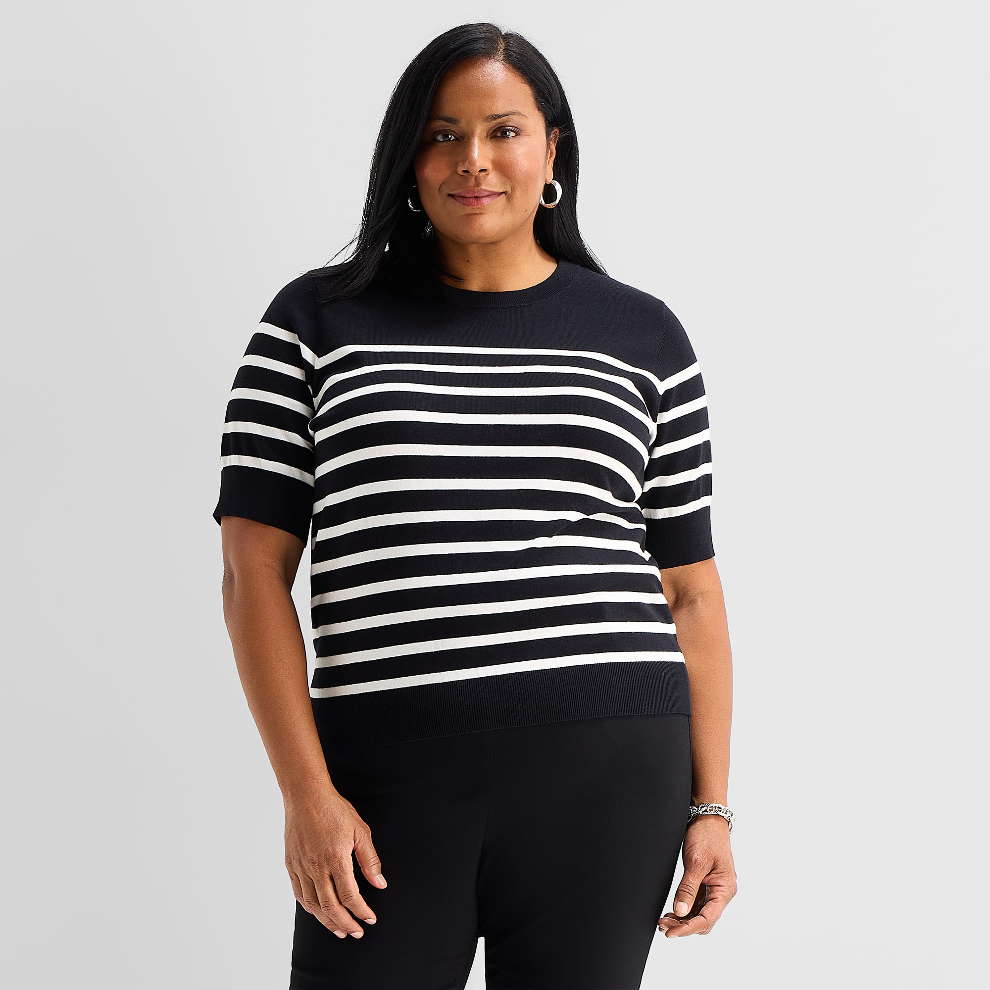 Liz Claiborne Plus Womens Crew Neck Short Sleeve Striped Pullover Sweater