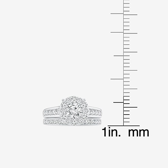 (F / Si2) Womens 2 CT. T.W. Lab Grown White Diamond 14K Gold Over Silver Round Side Stone Halo Bridal Set