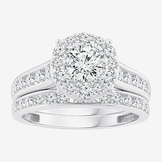(F / Si2) Womens 2 CT. T.W. Lab Grown White Diamond 14K Gold Over Silver Round Side Stone Halo Bridal Set
