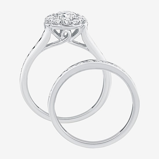 (F / Si2) Womens 2 CT. T.W. Lab Grown White Diamond 14K Gold Over Silver Round Side Stone Halo Bridal Set