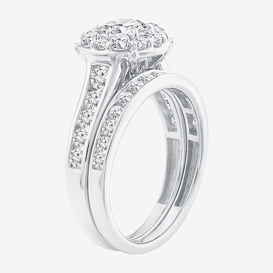 (F / Si2) Womens 2 CT. T.W. Lab Grown White Diamond 14K Gold Over Silver Round Side Stone Halo Bridal Set